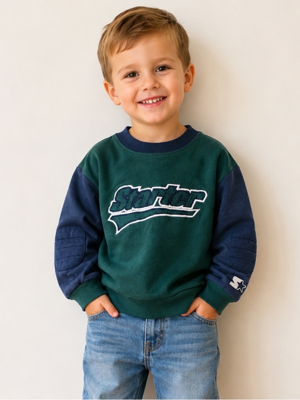 STARTER - Vtg 90s Collegiate Spellout Navy Green Crewneck Sweatshirt Boys 4t